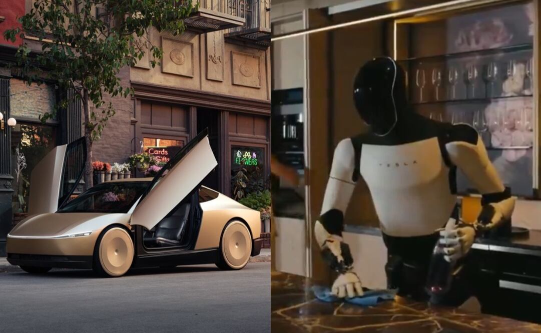Elon Musk presenta robotaxi que se maneja solo y robots que prometen realizar tareas domésticas. Fotos tomadas de las cuentas de @Tesla y @elonmusk