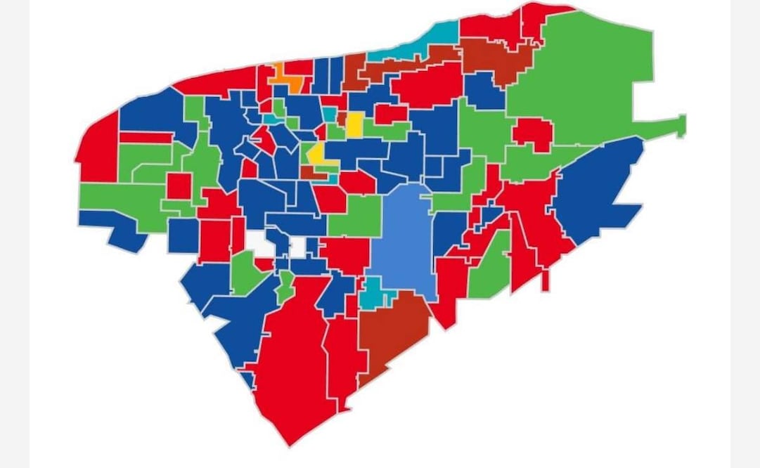 Mapa de conformación política en Yucatán de acuerdo a tendencias en los resultados del PREP de la elección del domingo pasado. Foto: Captura de pantalla
