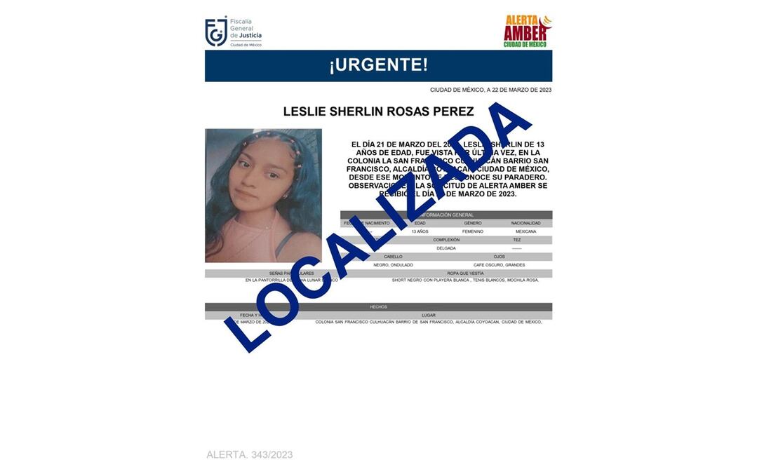 Leslie, menor localizada. FOTO: FGJ