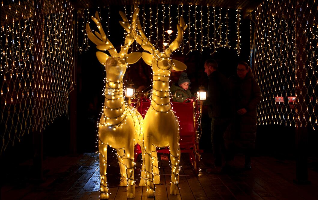 Un niño sale de una instalación de luces navideñas en un parque de Bucarest, Rumania. Foto: AP