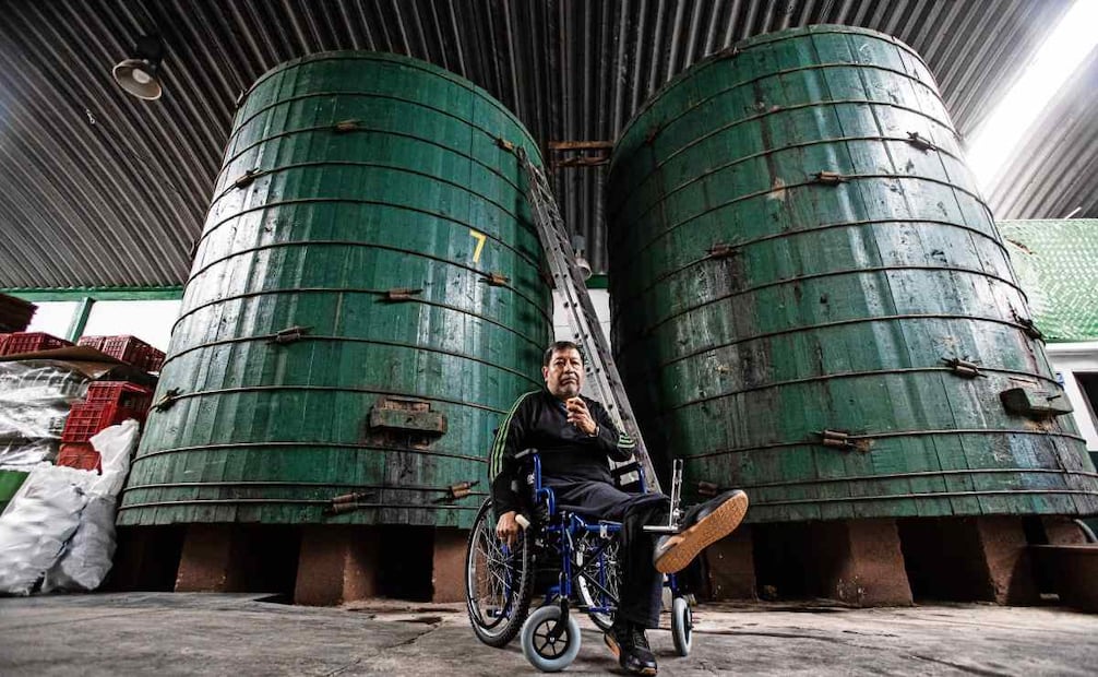 Manuel y sus trabajadores llenan de cuatro en cuatro las botellas con el líquido fermentado del año pasado. Se estima que la producción de 2025 sea de 6 mil litros de sidra. Foto: Gabriel Pano / EL UNIVERSAL