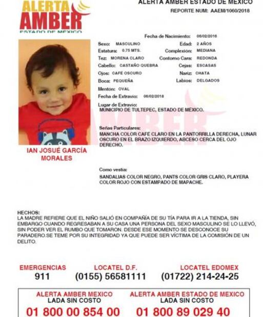 Activan Alerta Amber por niño de 2 años robado en Tultepec