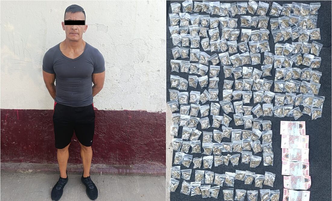 Detienen a "El Mamado", extorsionador de repartidores y vendedores en Iztapalapa; lo capturaron con droga y dinero en efectivo. Foto: Especial