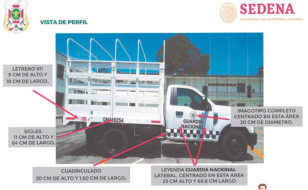 La licitación establece que los vehículos deberán llevar rotulado el nombre y logotipo de la Guardia Nacional de acuerdo con las especificaciones de balizado dispuestas por la Secretaría de la Defensa Nacional. FOTO: SEDENA