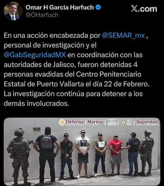 Marina detiene a 4 personas que se fugaron del Centro Penitenciario Estatal de Puerto Vallarta el 22 de febrero. Foto: Captura de pantalla de la cuenta de X de @OHarfuch