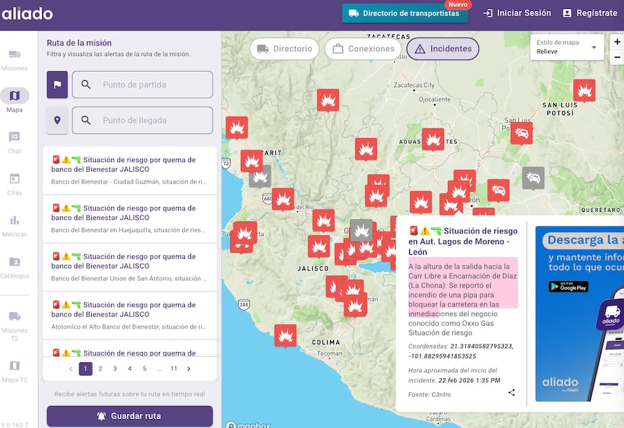 Mapa en tiempo real muestra bloqueos en México tras muerte de “El Mencho”, líder del CJNG. Foto: Captura de pantalla