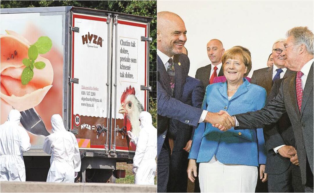 Mientras investigadores inspeccionaban el camión donde fueron hallados los migrantes muertos, en Parndorf, líderes de la UE, incluyendo la canciller Angela Merkel, sonreían para la foto de la cumbre en Viena (GEORG HOCHMUTH. EFE)