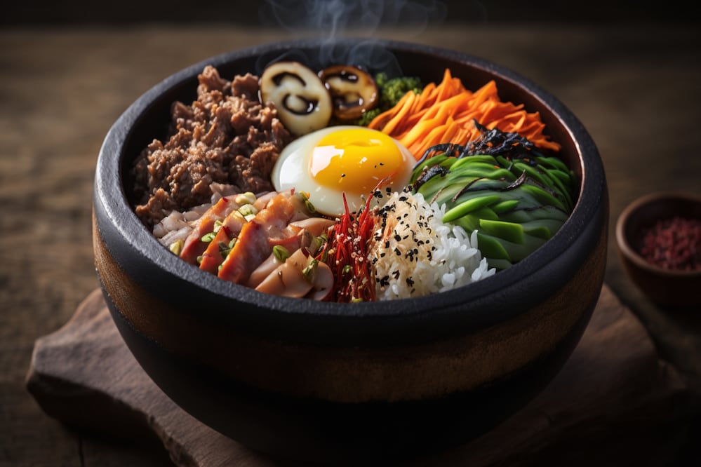 El bibimbap tiene como base arroz al vapor, con diversas verduras salteadas y carne. Foto: Freepik