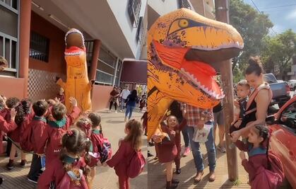 VIDEO: Abuelita se viraliza por llegar a escuela de su nieto con botarga de dinosaurio