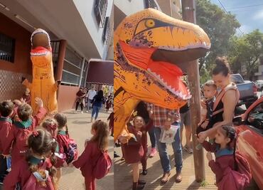VIDEO: Abuelita se viraliza por llegar a escuela de su nieto con botarga de dinosaurio