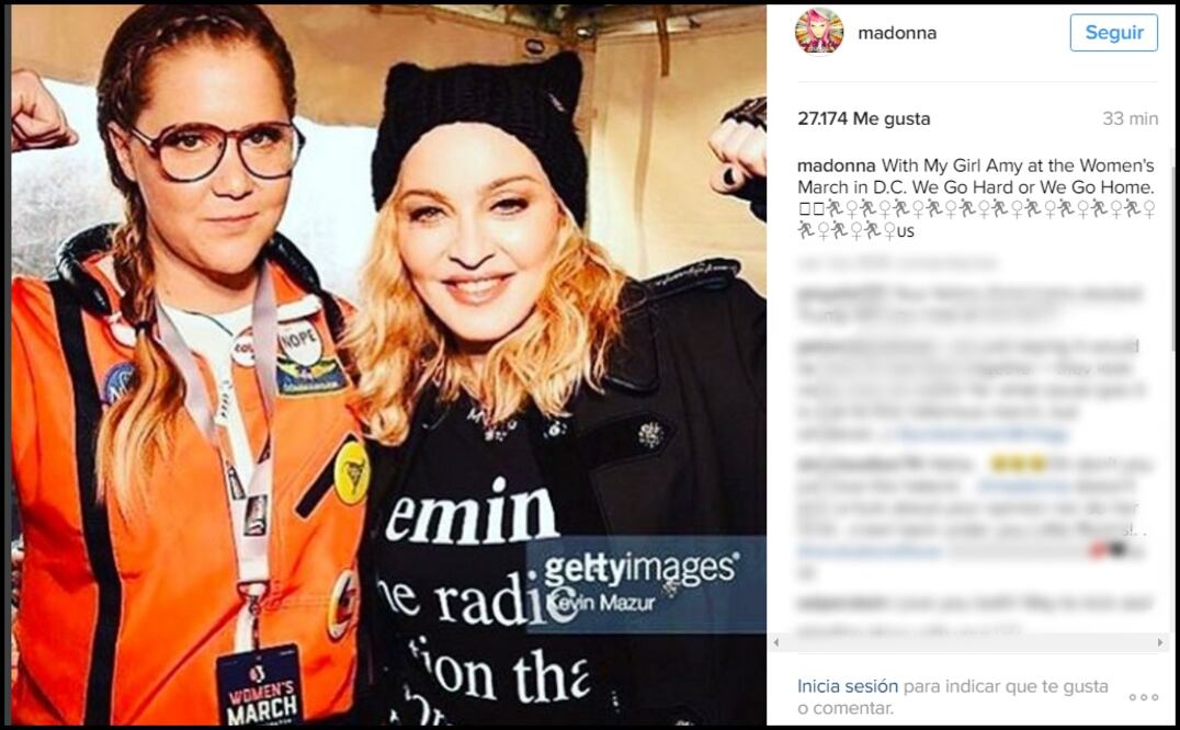 Madonna y Amy Schumer: Cientos de miles de mujeres se concentraron el sábado en Washington y otras ciudades alrededor del mundo para demostrarle a Donald Trump que no las callarán durante los próximos cuatro años. FOTO:Instagram 