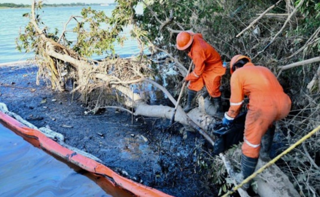 Personal de Petróleos Mexicanos realiza labores de limpieza y remediación en el río Pantepec. Fotos: de Pemex