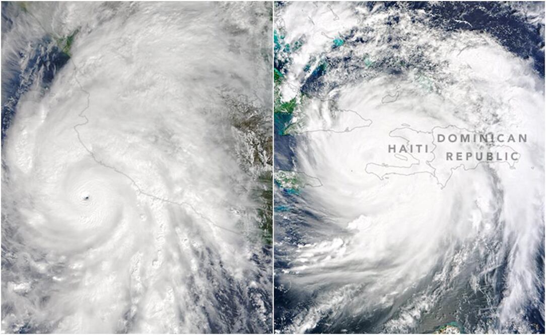 El huracán Patricia (izquierda) en una escala de 100 km y el huracán Matthew (Derecha) en una escala de 200 km Fotos: Tomadas de earthobservatory.nasa.gov