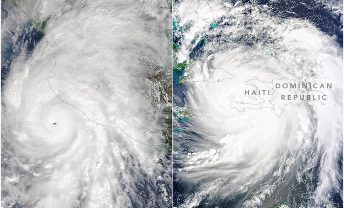 El huracán Patricia (izquierda) en una escala de 100 km y el huracán Matthew (Derecha) en una escala de 200 km Fotos: Tomadas de earthobservatory.nasa.gov