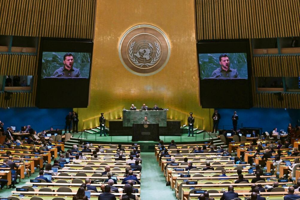 El presidente ucraniano, Volodimir Zelensky, ayer en la Asamblea General de las Naciones Unidas. Foto: Timothy A. Clary / AFP