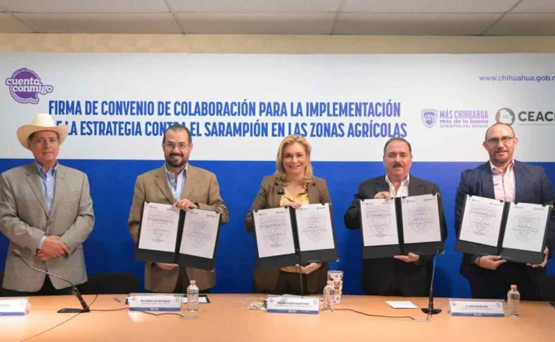 La gobernadora Maru Campos Galván
firmó un convenio de colaboración con Consejo Estatal Agropecuario para proteger a trabajadores agrícolas del sarampión / Foto: Especial