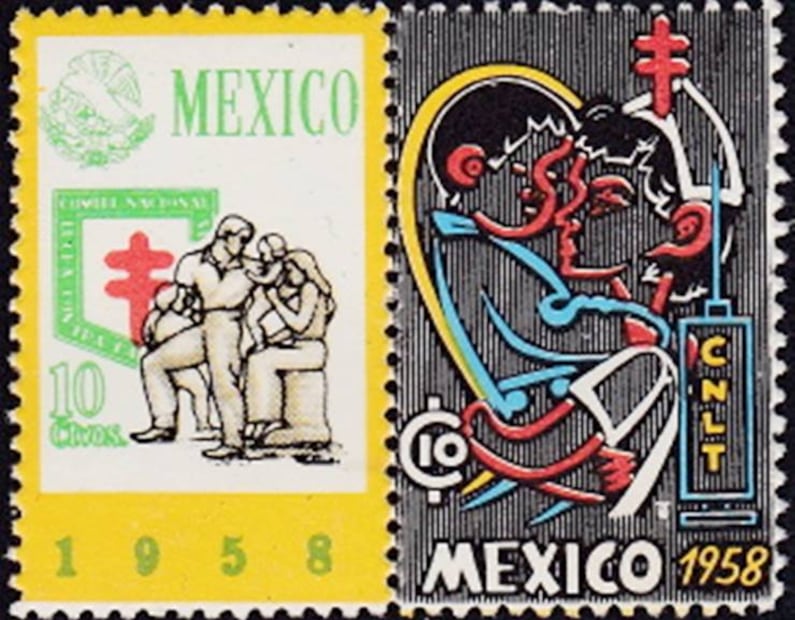 Sello 1958, con dos ilustraciones: una familia y una enfermera. En 1945, EL UNIVERSAL afirmó que, “aceptar y propagar el timbre antituberculoso de cinco centavos, es hacer Patria”. Foto: ESPECIAL/Tomado de John Denune's ChristmasSeals.net.