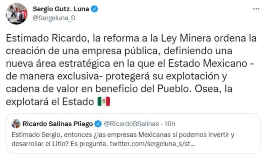 Le aclaran a Salinas Pliego: Estado administrará y explotará litio