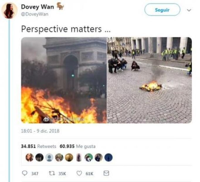 La fotografía falsa sobre los disturbios de los "chalecos amarillos" en Francia 
