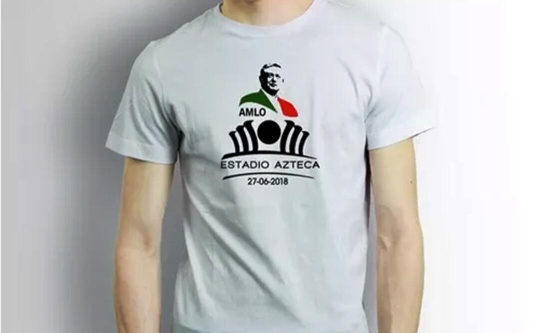 Vendedores en internet ya ofertan playeras conmemorativas del próximo cierre de campaña de AMLO en el Estadio Azteca. Foto: Especial