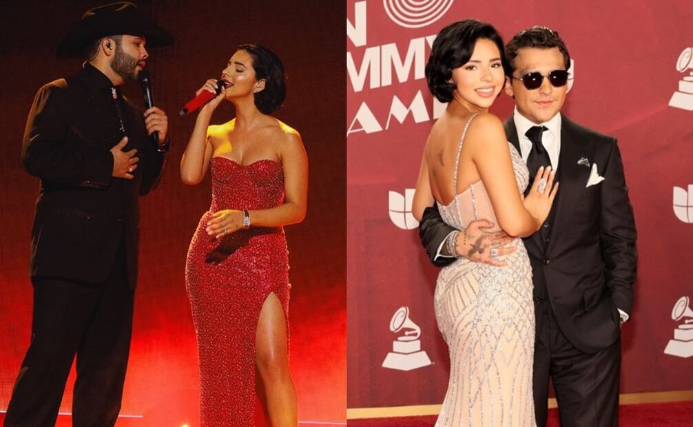Ángela Aguilar junto a su esposo Nodal y su hermano Leonardo en los Latin Grammy 2024. Foto: Instagram oficial.
