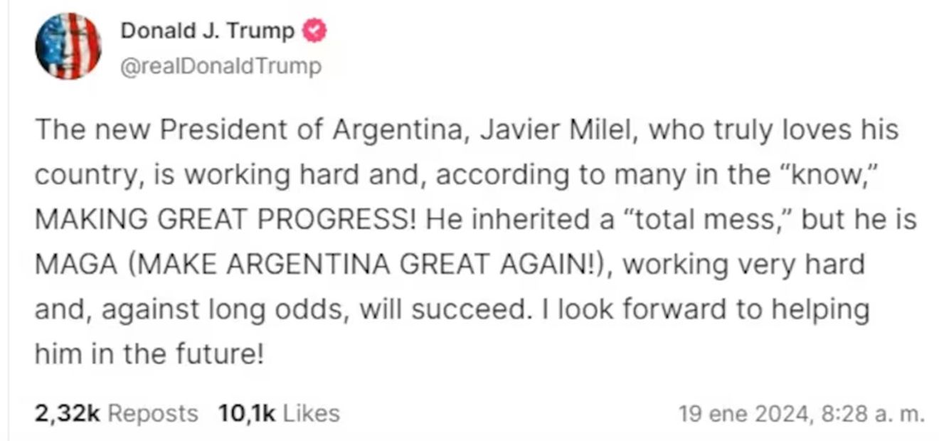 El mensaje de Donald Trump para Javier Milei. Foto: Captura