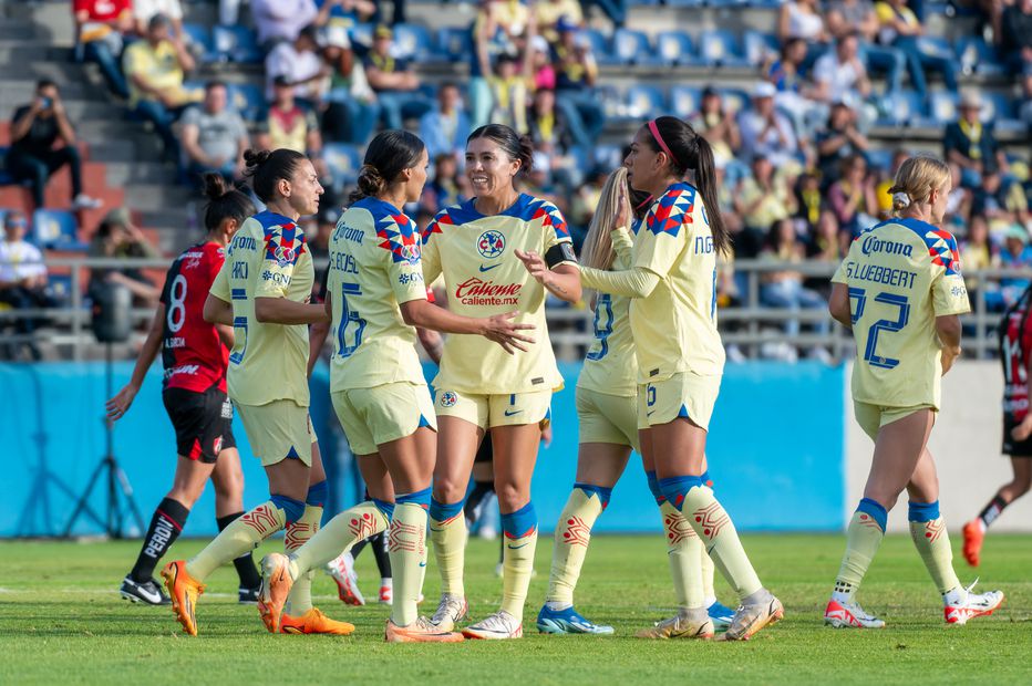 Jugadoras del Club América Femenil en festejo, durante el partido de la jornada 1 del torneo Clausura 2024 - Foto: Imago7
