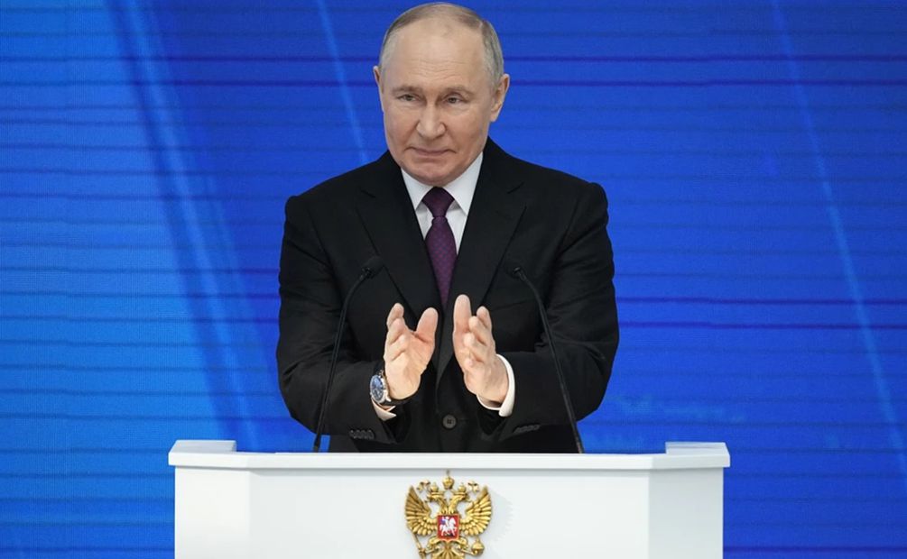 El presidente de Rusia, Vladímir Putin, durante su discurso sobre el Estado de la Nación, en Moscú, Rusia, el 29 de febrero de 2024. Foto: AP
