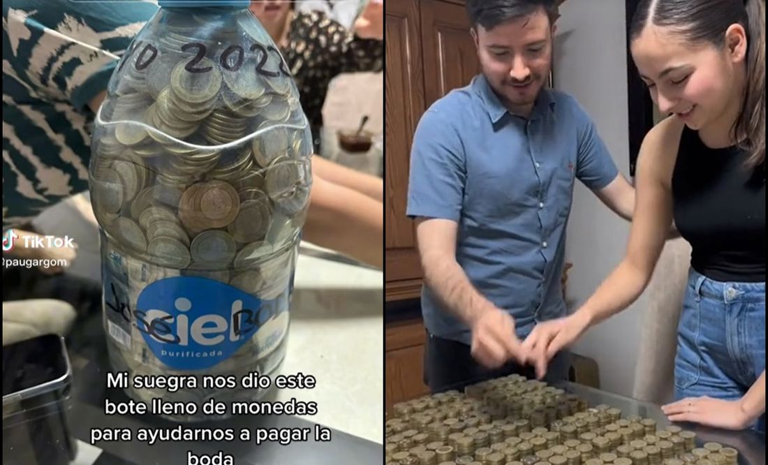 'Que linda suegra': Mujer regala a su hijo un bote lleno de monedas de 10 pesos para pagar su boda