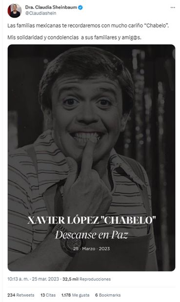 Claudia Sheinbaum lamentó la muerte del actor Xavier López “Chabelo