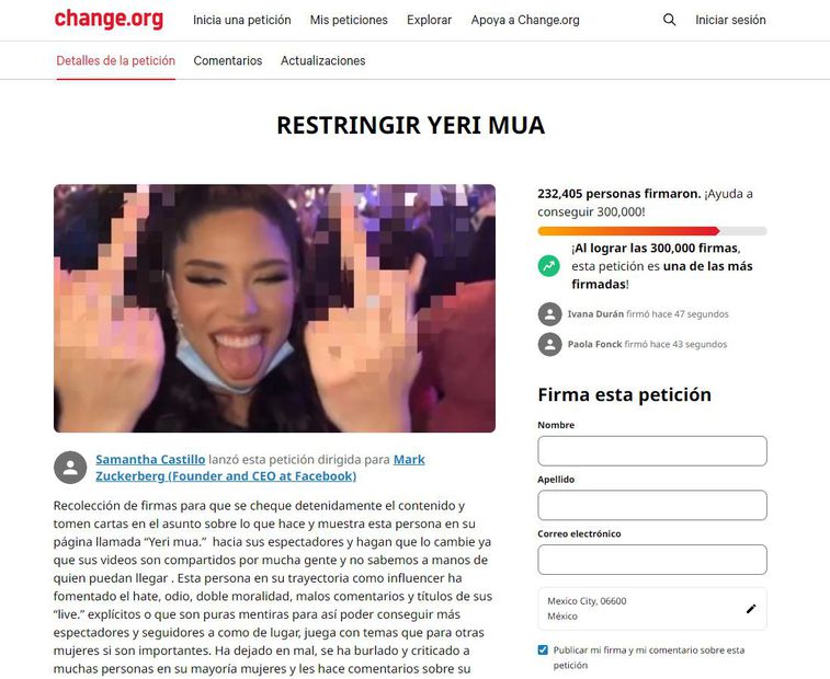 Yeri Mua petición change.org / Foto: Captura de pantalla