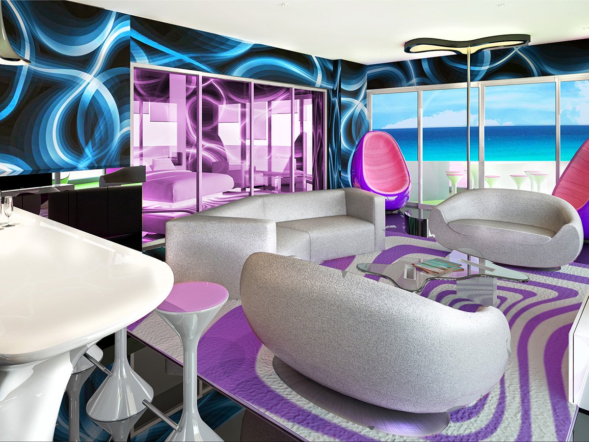 El Temptation Cancún Resort fue diseñado Karim Rashid, creador del llamado "minimalismo sensual”, basado en la curvas femeninas.