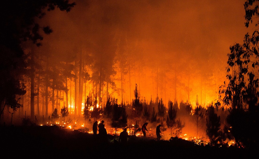Bomberos trabajan para extinguir un incendio en la comuna de Nacimiento, en la región del Bíobio (Chile)