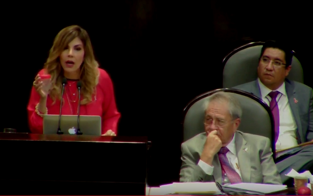La diputada Abril Alcalá Padilla quien le entregó el regalo a Jorge Alcocer Varela criticó los recortes al sector salud y que no se haya declarado una alerta sanitaria a pesar de las 72 muertes en el país a causa del dengue hemorrágico