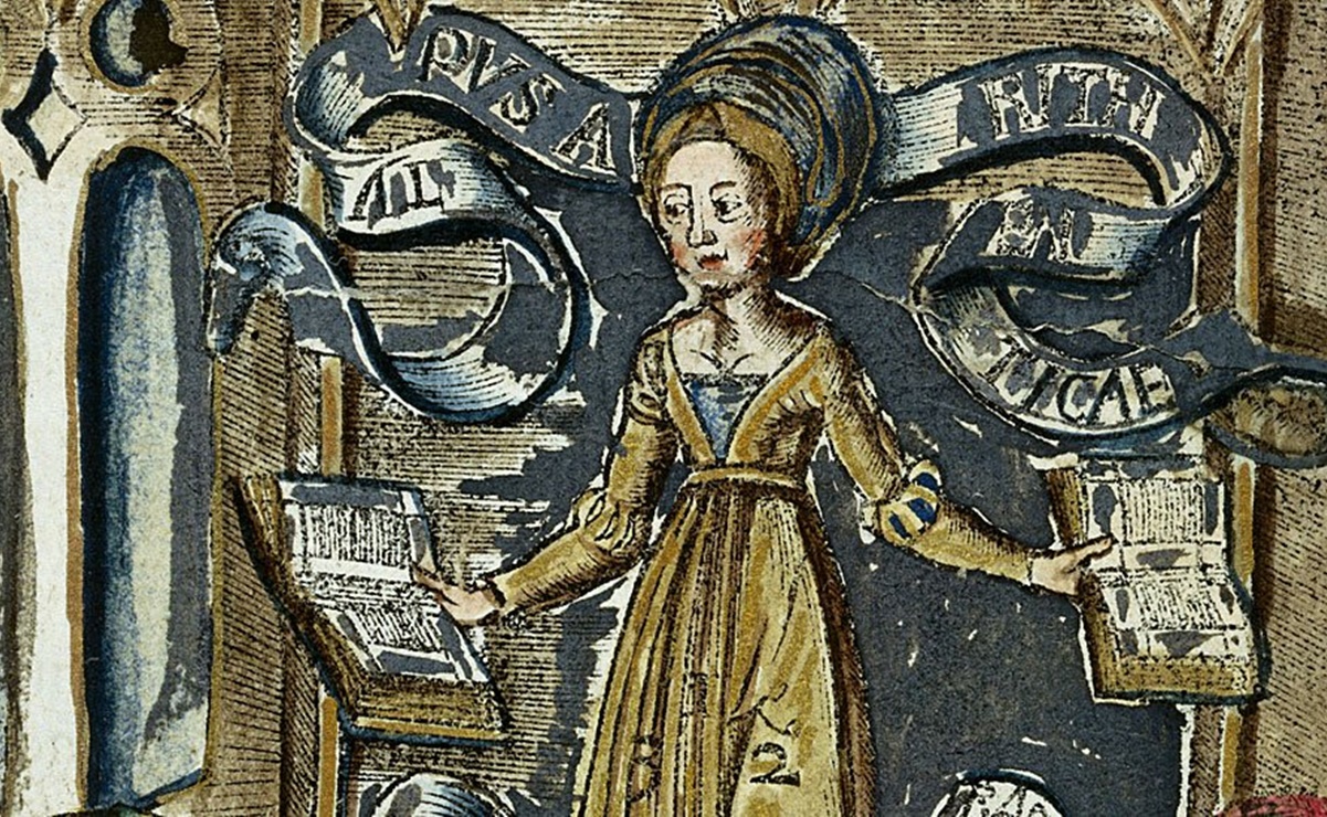La dama de la Aritmética en una xilografía coloreada a mano de 'Margarita Philosophica' ('La perla filosófica'), de Gregor Reisch