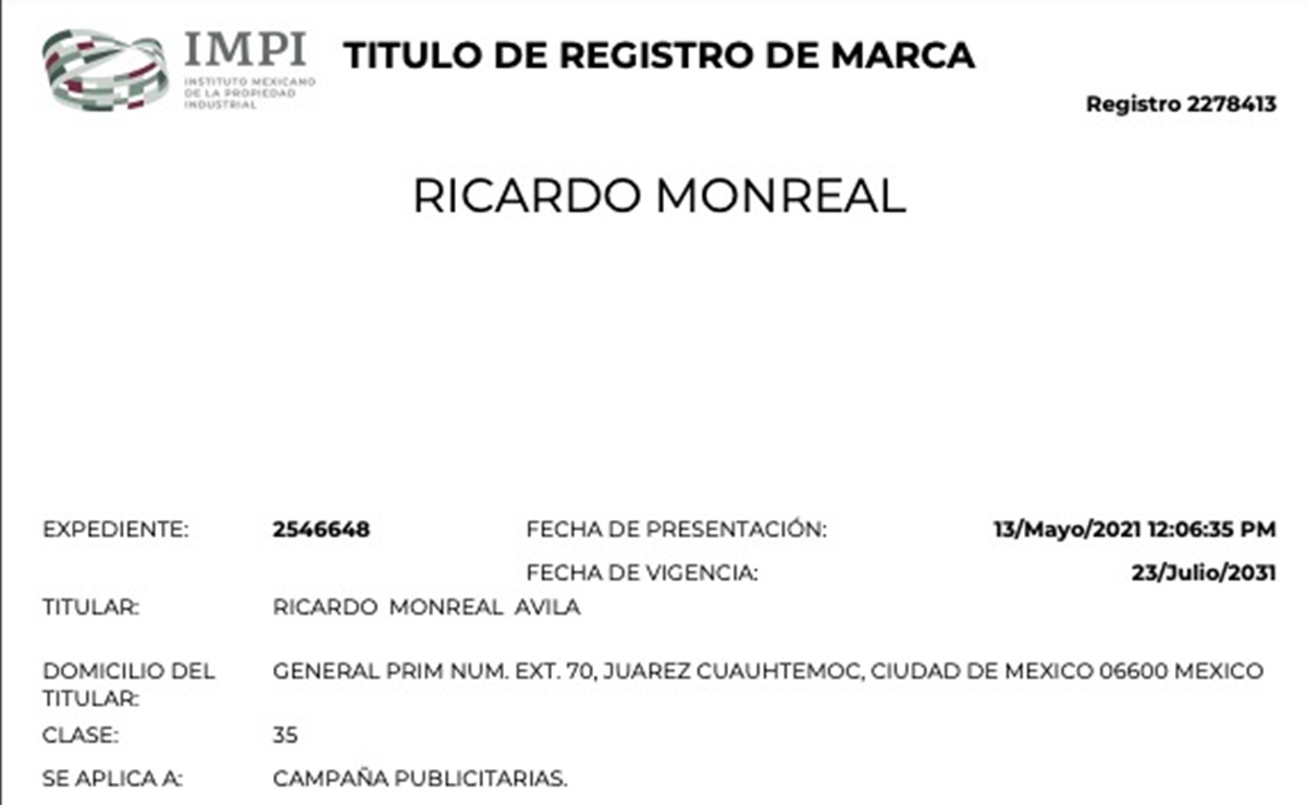 Registro de marca comercial ante el IMPI por parte de Ricardo Monreal