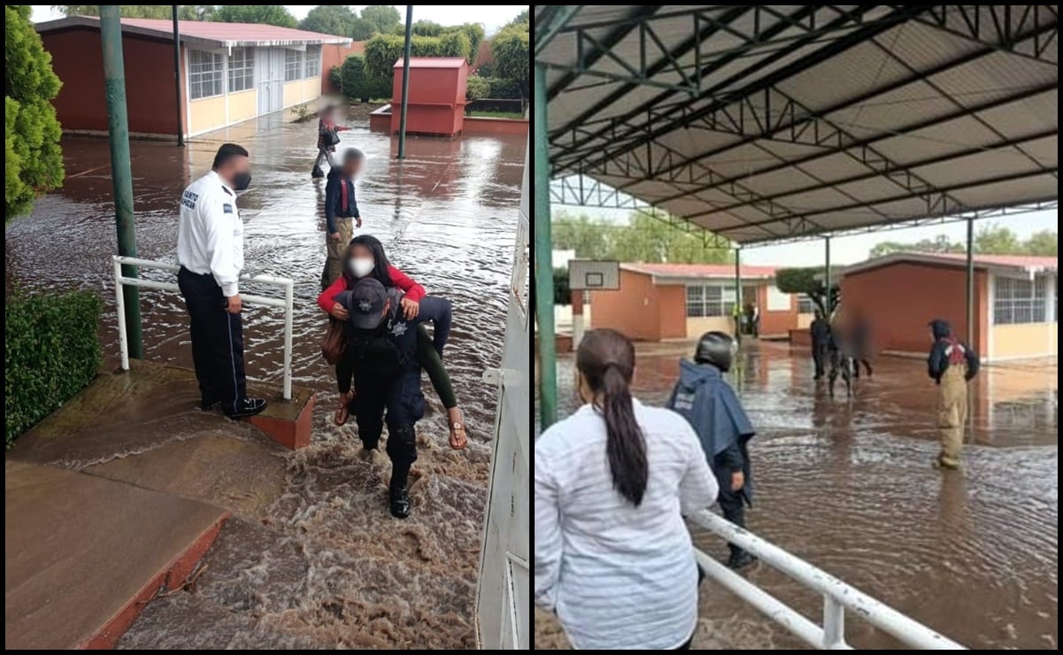 Rescatan a niños de escuela inundada en Morelia, Michoacán