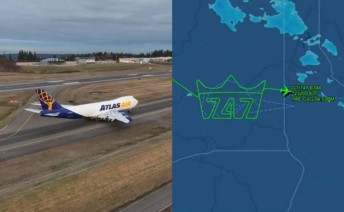 The latest Boeing 747 draws a crown on its route as a tribute
