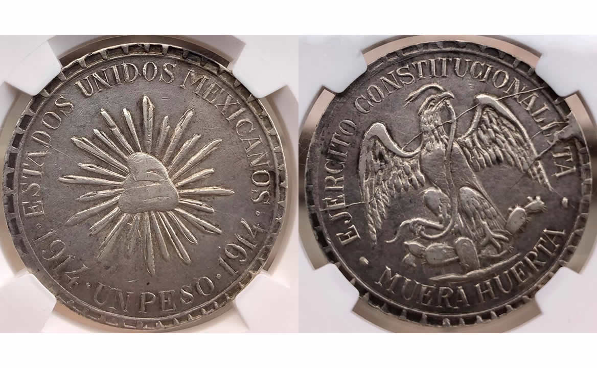 La moneda de plata con la leyenda Muera Huerta que vale 80 mil pesos