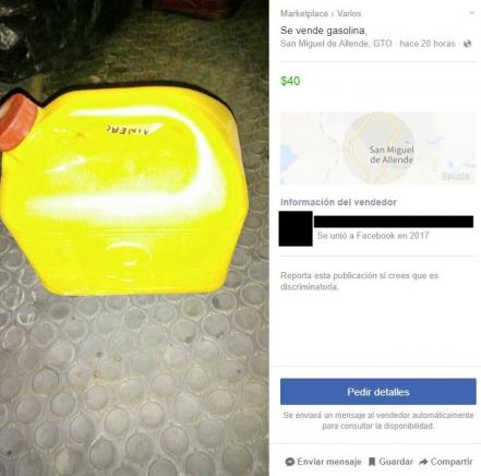Así es como venden garrafas de gasolina clandestina en Facebook