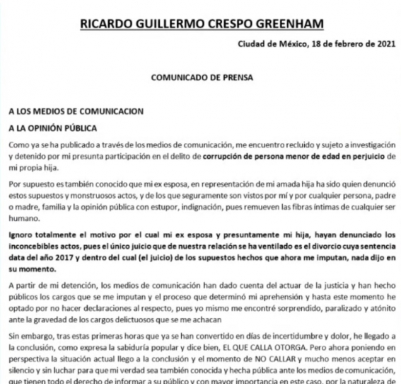 comunicado crespo - Ricardo Crespo rompe el silencio luego de ser detenido